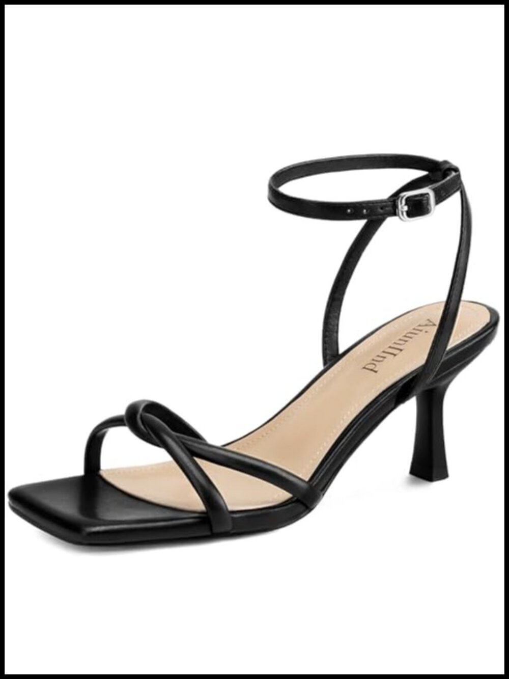 Faux Leather Kitten Heel Sandals, Square Open Toe with Ankle Straps